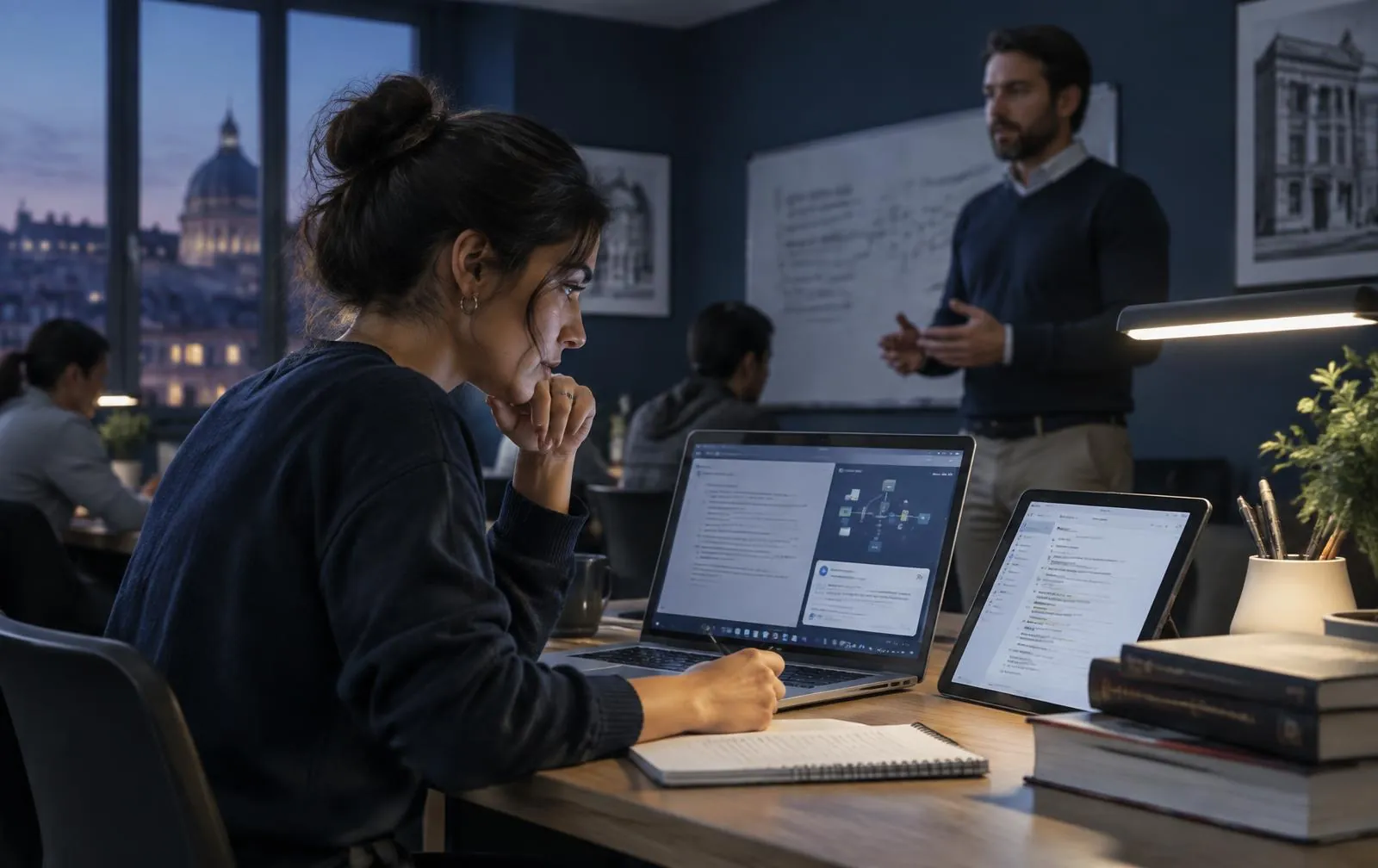 Alumna usando herramientas digitales e inteligencia artificial con el acompañamiento de su profesor